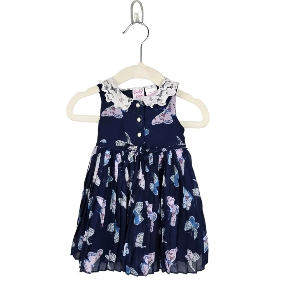 BABY‎ BERI Pleated Whimsical Dress Lace Collar Butterfly Navy Baby Girls 6-9 M